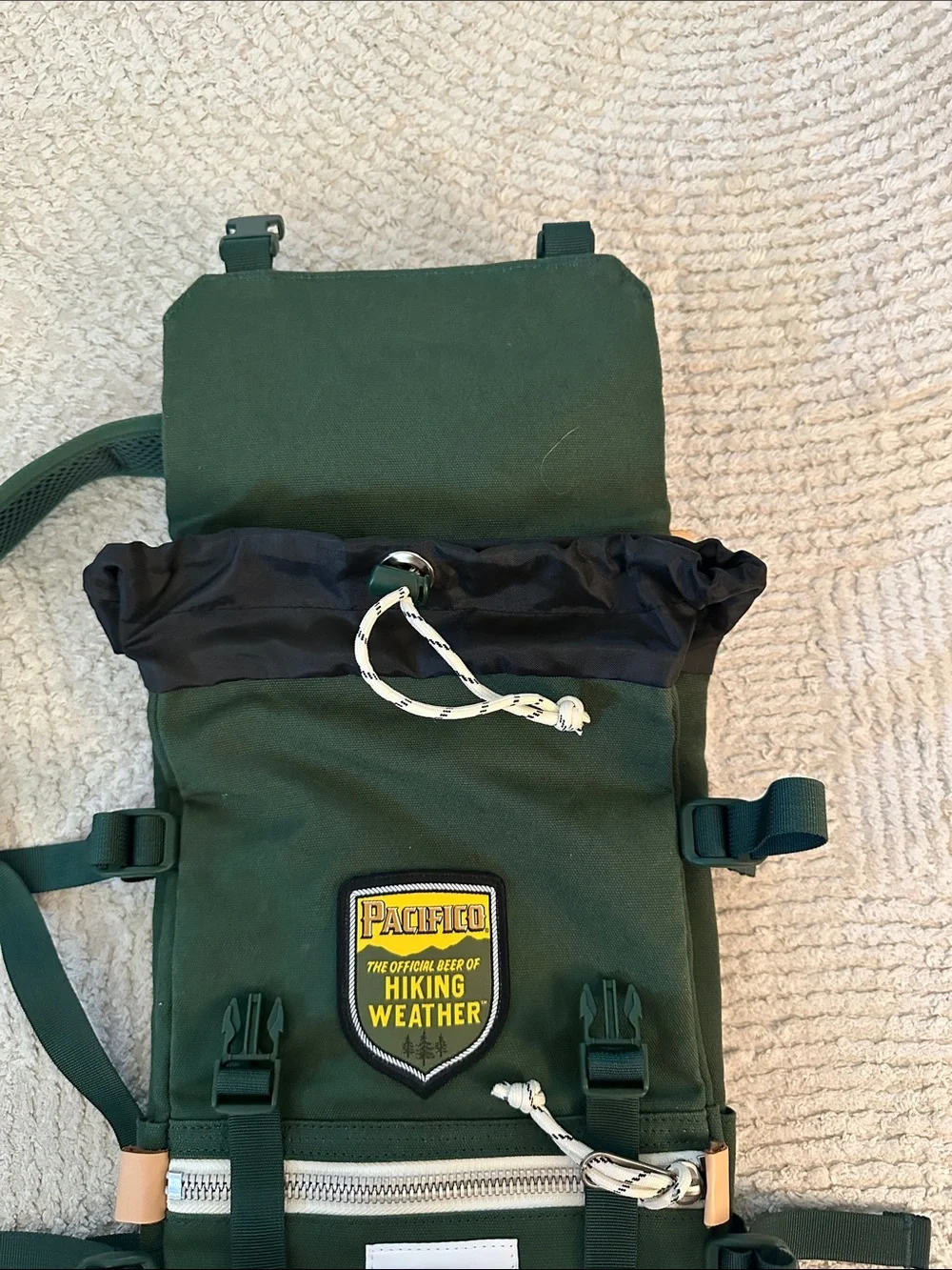 Topo Designs Mini River Green Canvas Backpack with White Zip Pocket